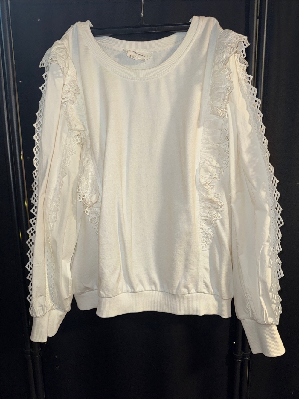 Anthropologie Ivory Lace-Trim Pullover Sweatshirt